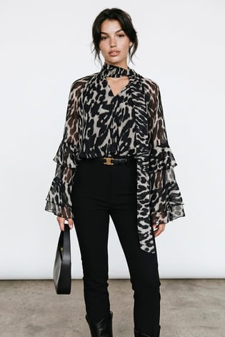 Bluză Animal Print cu Guler Esarfa și Maneci Volan